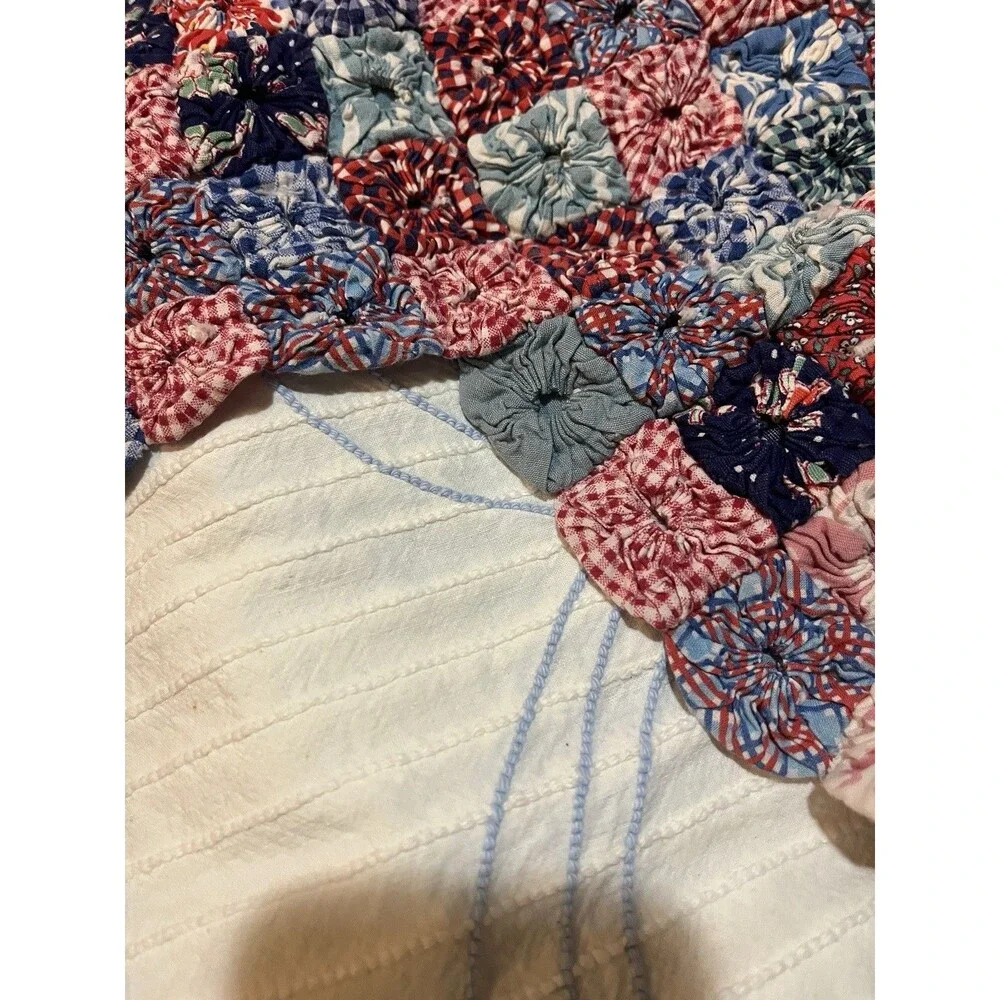 Vintage Yo Yo Yoyo Quilt 80x90 Feedsack Fabrics Handmade 1930’s Cottage Core